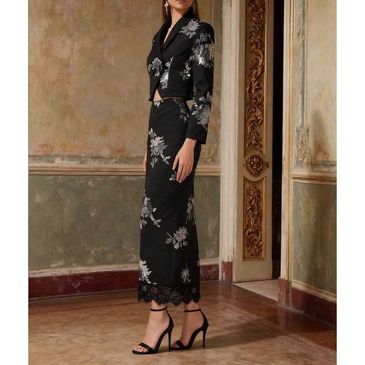 Elegant floral sequin crop top skirt set from SD Dresscode with a black floral design and lace trim