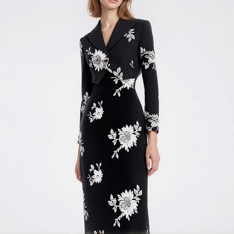 Elegant floral sequin crop top skirt set featuring a floral design and fitted silhouette