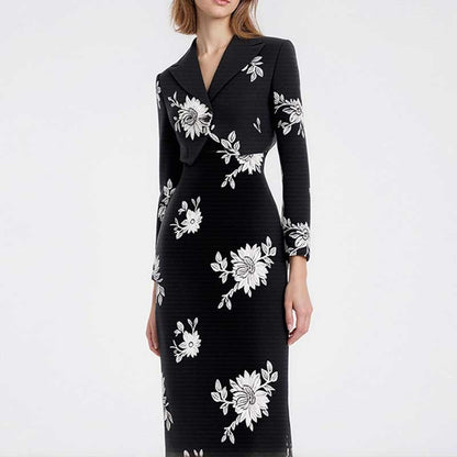 Elegant floral sequin crop top skirt set featuring a floral design and fitted silhouette