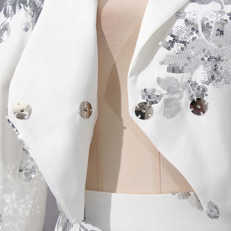 Stylish floral sequin crop top skirt set featuring intricate sequins and a tailored blazer