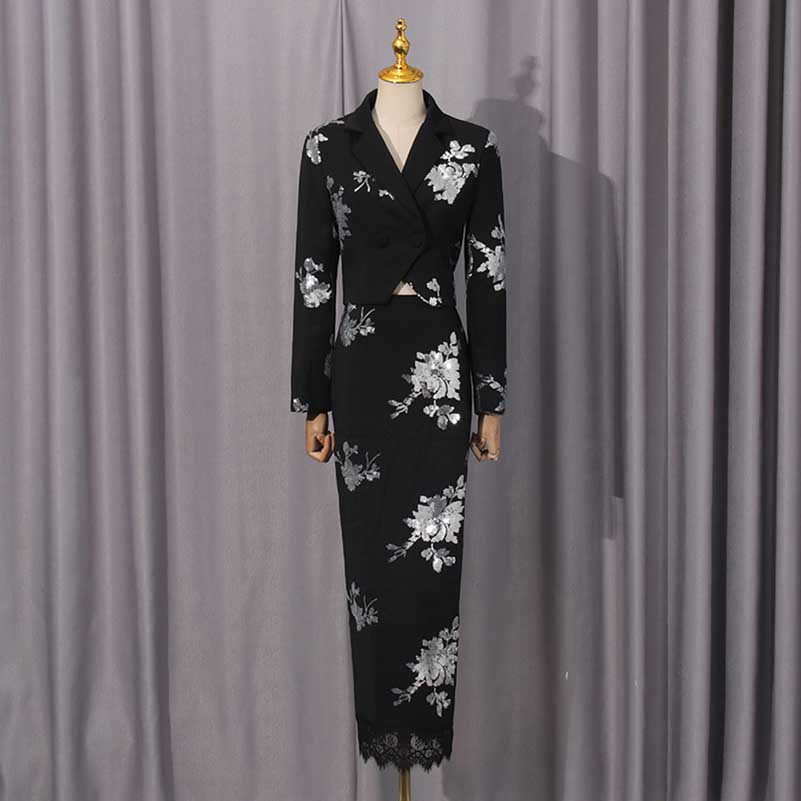 Elegant floral sequin crop top skirt set from SD Dresscode with stylish floral patterns in black