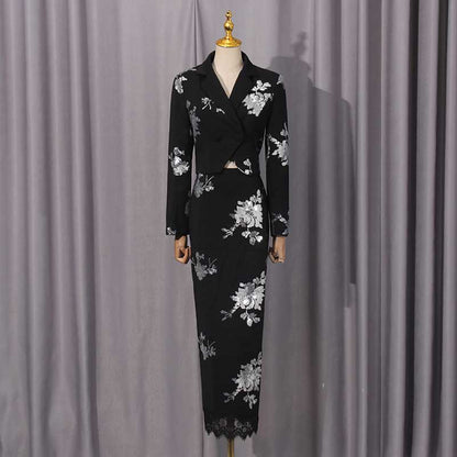 Elegant floral sequin crop top skirt set from SD Dresscode with stylish floral patterns in black