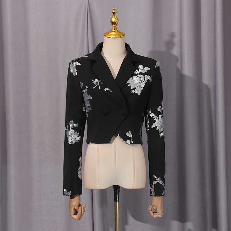 Elegant black floral sequin crop top skirt set with intricate floral embroidery for stylish occasions