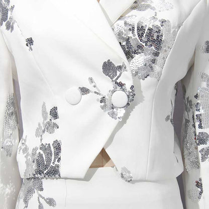 Elegant floral sequin crop top skirt set by SD Dresscode with intricate silver embellishments