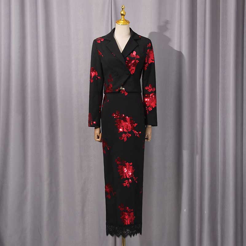 Elegant floral sequin crop top skirt set in black with red floral detailing and long sleeves