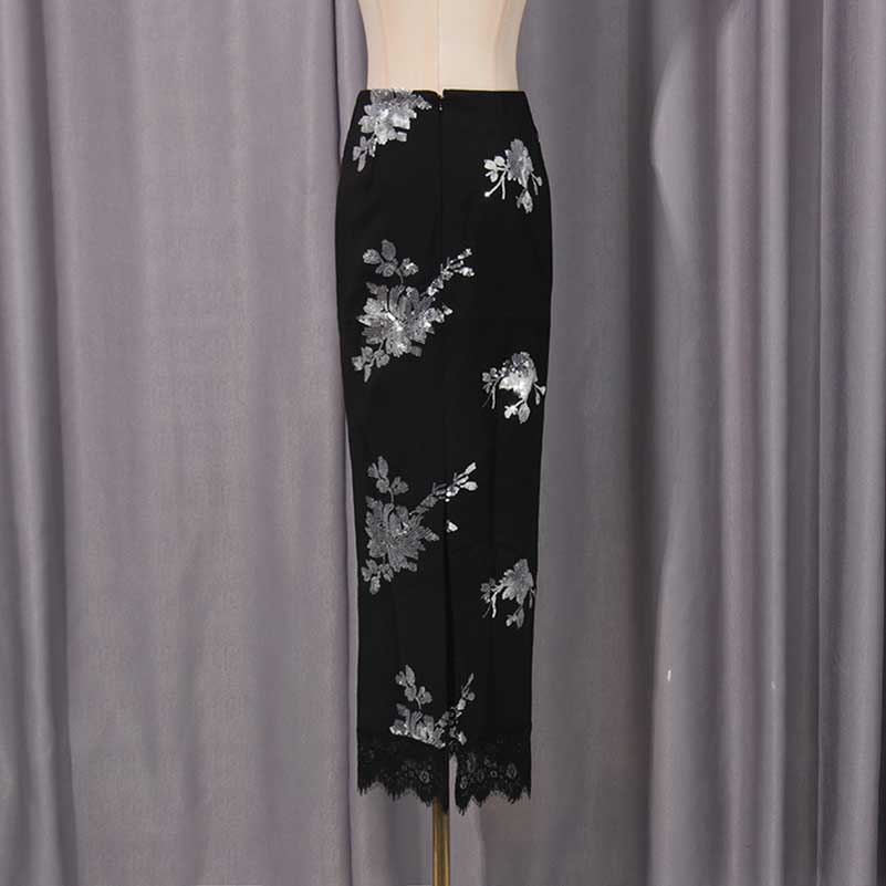 Elegant floral sequin crop top skirt set featuring intricate floral embroidery on a sleek black skirt