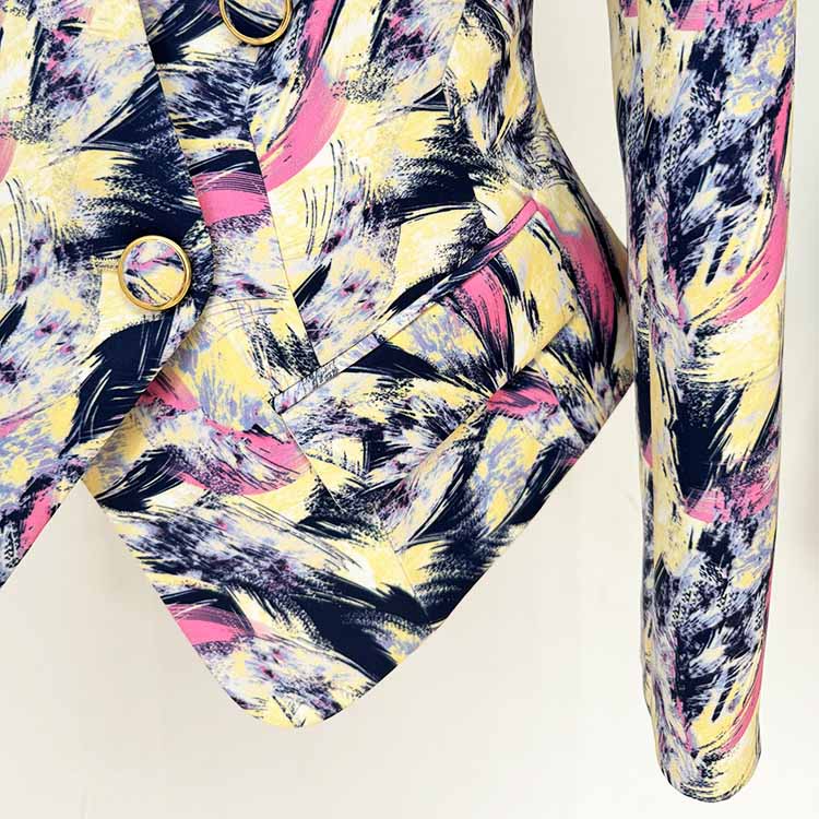 Women Feather Multicolor Print Blazer 6 Buttons Jacket