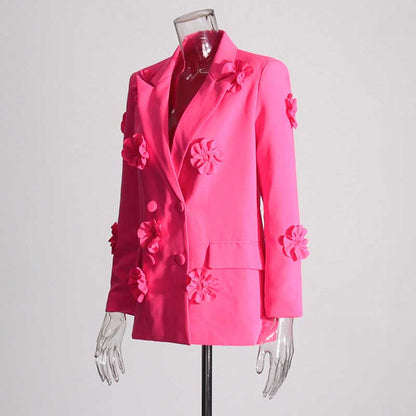 Women's Hot Pink Flower Embellished Double Breated Blazer