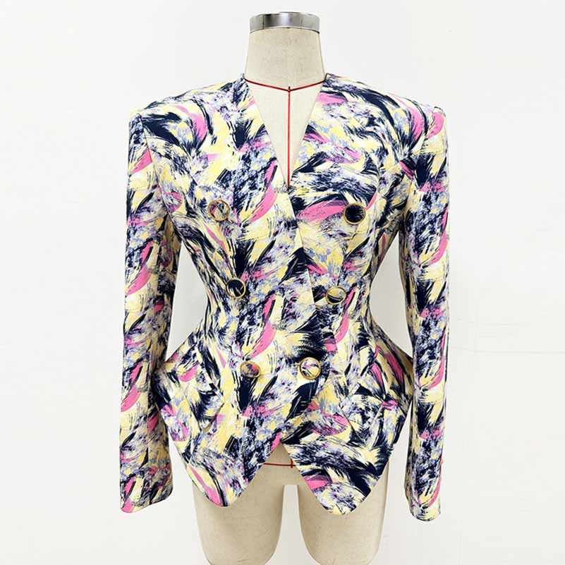 Women Feather Multicolor Print Blazer 6 Buttons Jacket