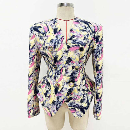 Women Feather Multicolor Print Blazer 6 Buttons Jacket