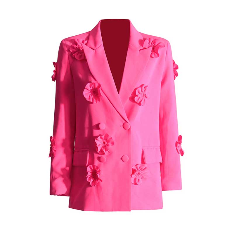 Women's Hot Pink Flower Embellished Double Breated Blazer