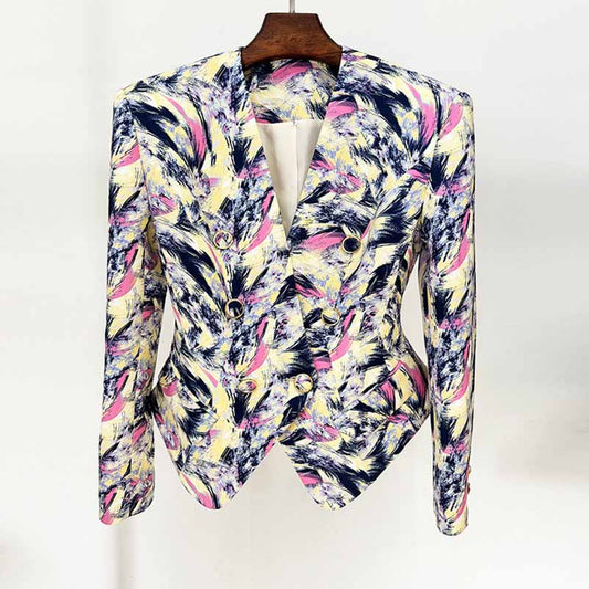 Women Feather Multicolor Print Blazer 6 Buttons Jacket