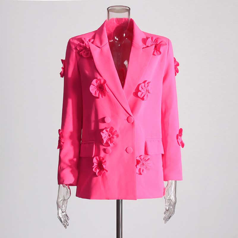 Women's Hot Pink Flower Embellished Double Breated Blazer