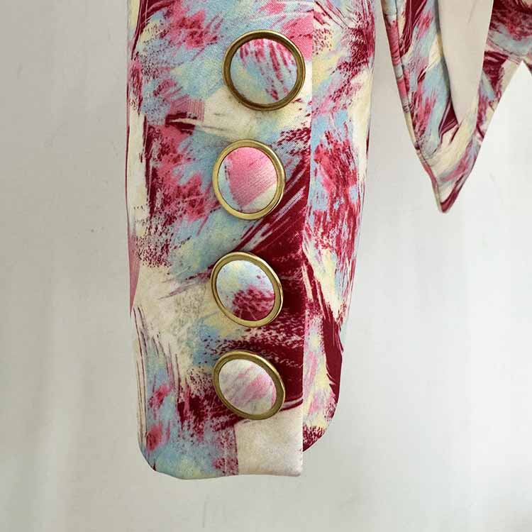 Women Feather Multicolor Print Blazer 6 Buttons Jacket