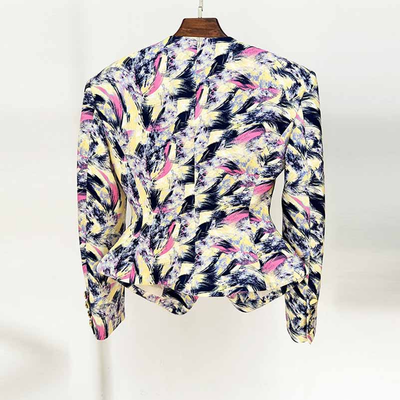 Women Feather Multicolor Print Blazer 6 Buttons Jacket