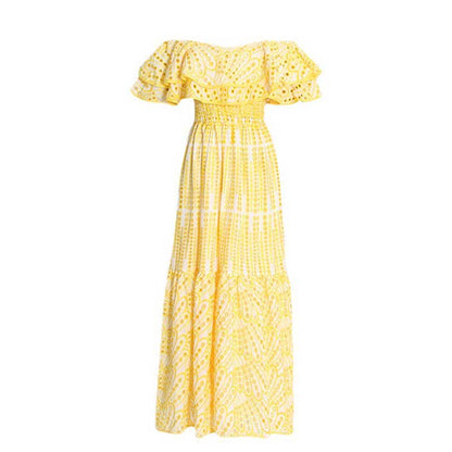 Off-the-shoulder Ruffled Midi Dress Beach Party Long Dress Embroidered Dress