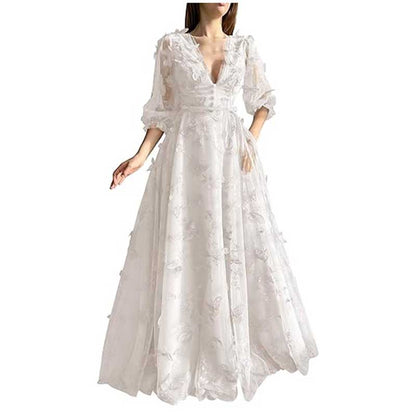 Women A Line V Neck 3D Lace Appliqued Tulle Long Prom Evening Dress With Belt