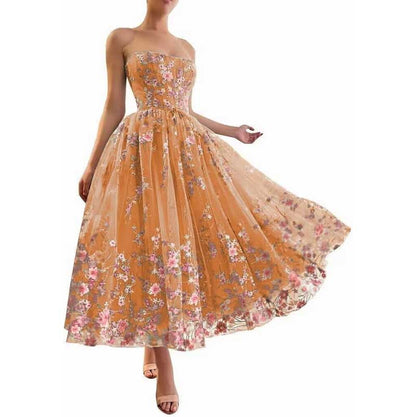 Strapless Flower Tea Length Embroidered Tulle Lace Formal Dress Homecoming Dress