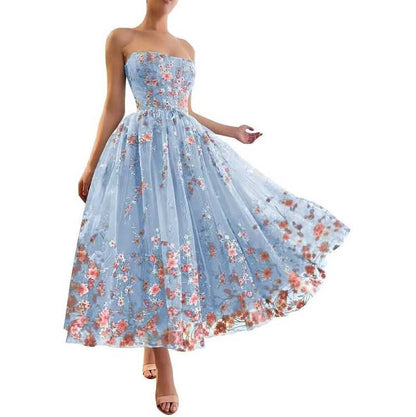 Strapless Flower Tea Length Embroidered Tulle Lace Formal Dress Homecoming Dress