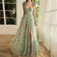 Women A Line Square Neck 3D Lace Appliqued Tulle Long Prom Evening Dress