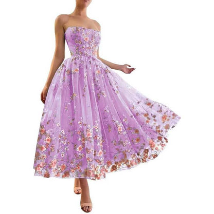 Strapless Flower Tea Length Embroidered Tulle Lace Formal Dress Homecoming Dress