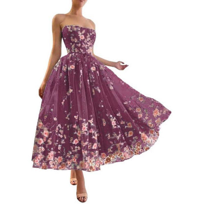 Strapless Flower Tea Length Embroidered Tulle Lace Formal Dress Homecoming Dress