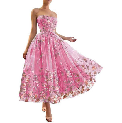 Strapless Flower Tea Length Embroidered Tulle Lace Formal Dress Homecoming Dress