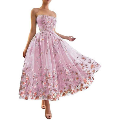Strapless Flower Tea Length Embroidered Tulle Lace Formal Dress Homecoming Dress