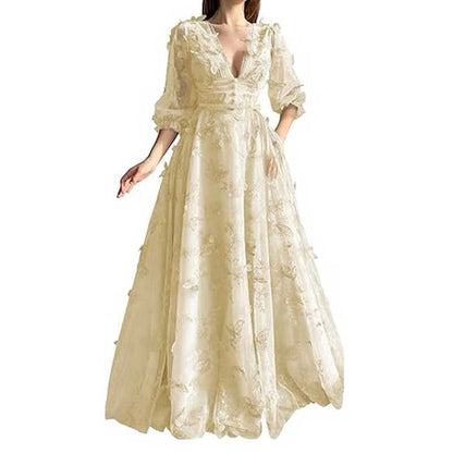 Women A Line V Neck 3D Lace Appliqued Tulle Long Prom Evening Dress With Belt