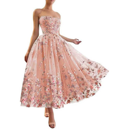 Strapless Flower Tea Length Embroidered Tulle Lace Formal Dress Homecoming Dress