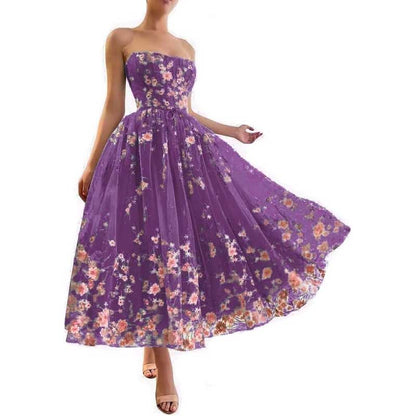 Strapless Flower Tea Length Embroidered Tulle Lace Formal Dress Homecoming Dress