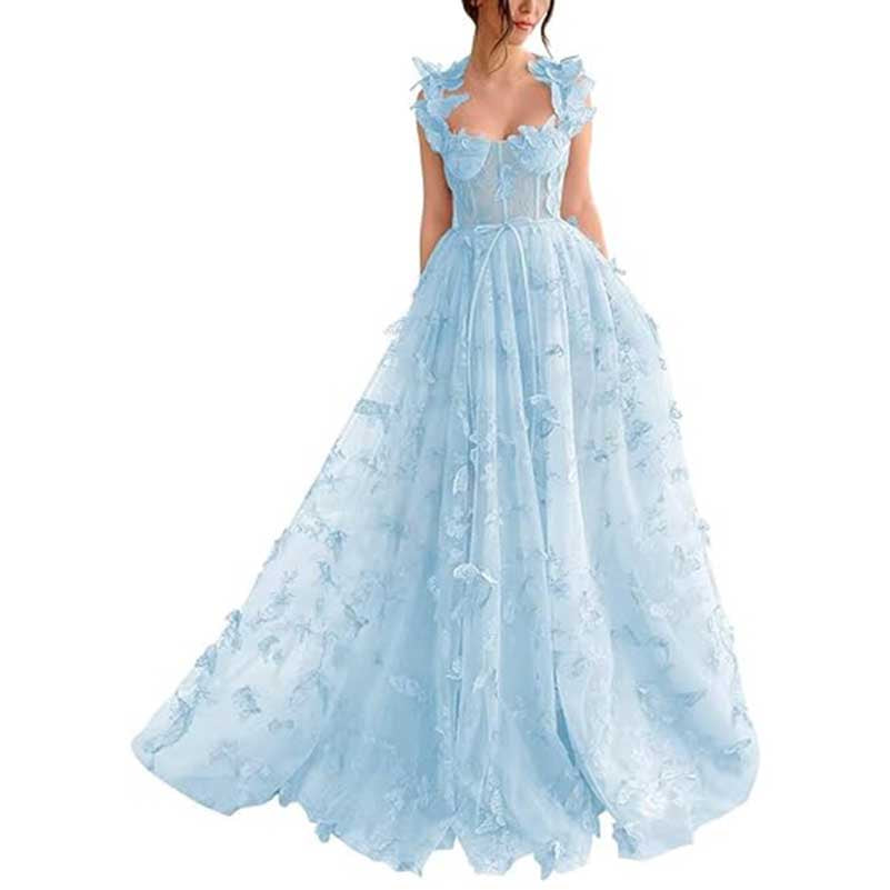 Women A Line Square Neck 3D Lace Appliqued Tulle Long Prom Evening Dress