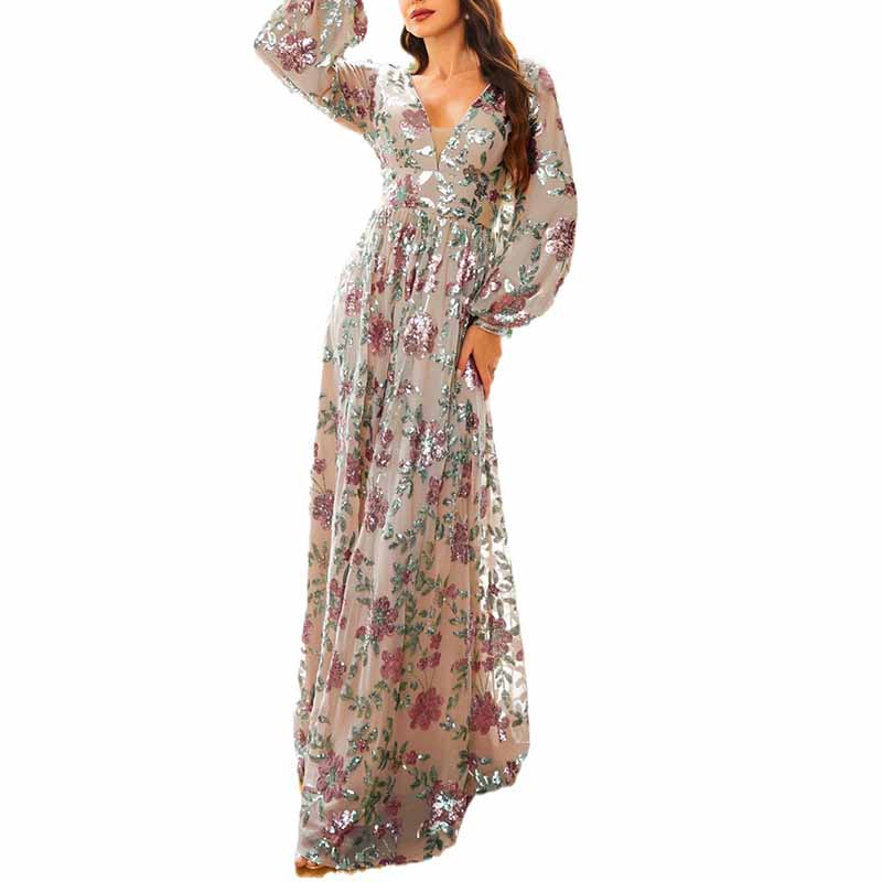 Women's Long Sleeve Sequin Maxi Dress Wedding Guest Dress