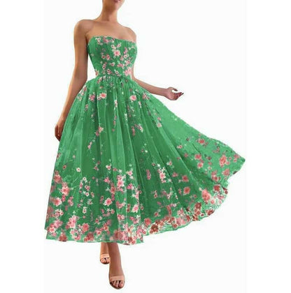 Strapless Flower Tea Length Embroidered Tulle Lace Formal Dress Homecoming Dress