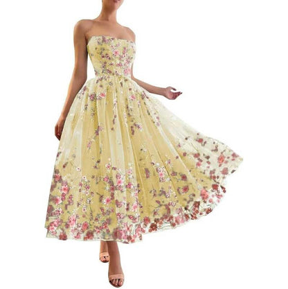 Strapless Flower Tea Length Embroidered Tulle Lace Formal Dress Homecoming Dress