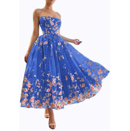 Strapless Flower Tea Length Embroidered Tulle Lace Formal Dress Homecoming Dress