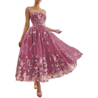 Strapless Flower Tea Length Embroidered Tulle Lace Formal Dress Homecoming Dress