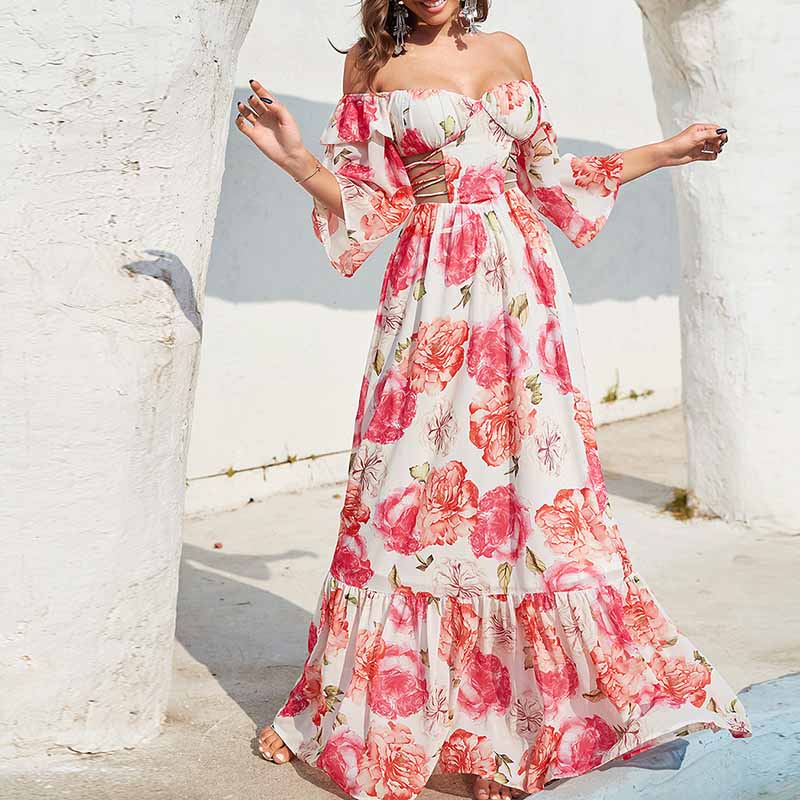 Womens Off-The-Shoulder Floral-Printed Maxi Dress