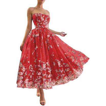 Strapless Flower Tea Length Embroidered Tulle Lace Formal Dress Homecoming Dress