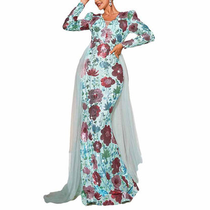 Long Sleeve Turquoise Floral Sequin Prom Dress Event Dress Wedding Guest Dress