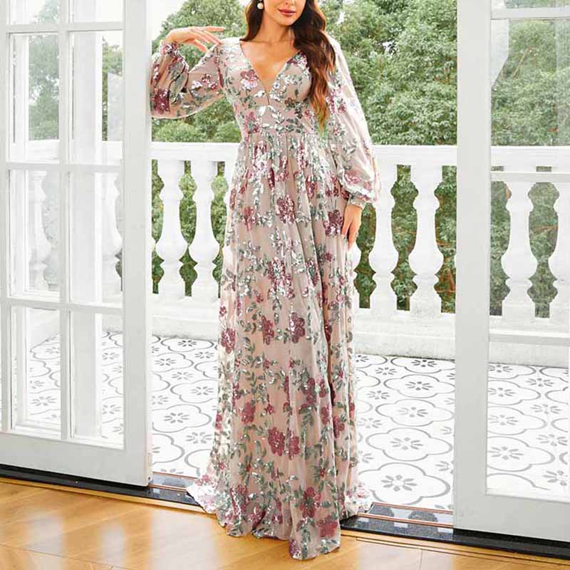 Women's Long Sleeve Sequin Maxi Dress Wedding Guest Dress