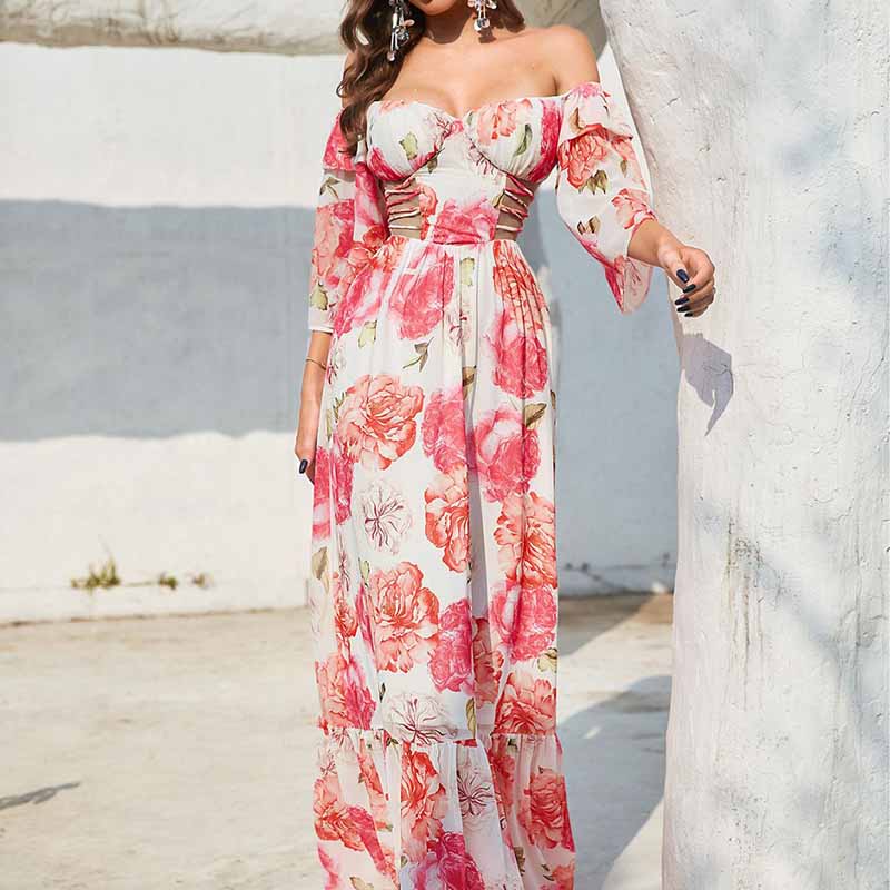 Womens Off-The-Shoulder Floral-Printed Maxi Dress