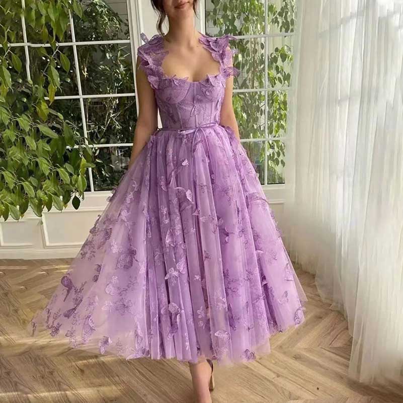 Women A Line Square Neck 3D Lace Appliqued Tulle Long Prom Evening Dress