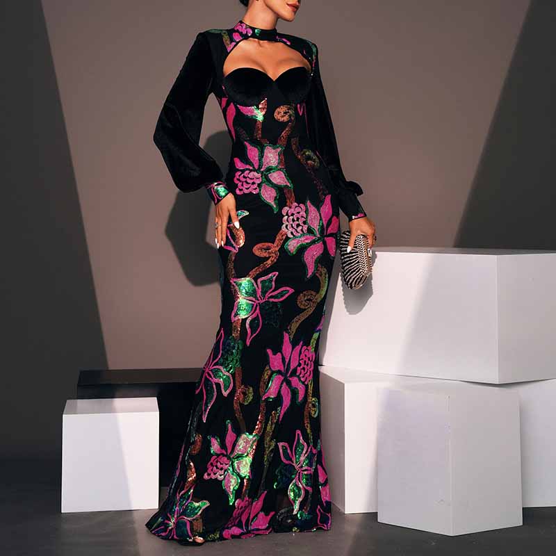 Floral Sequin Prom Dress Cutout Lantern Sleeve Mermaid Gown Dress