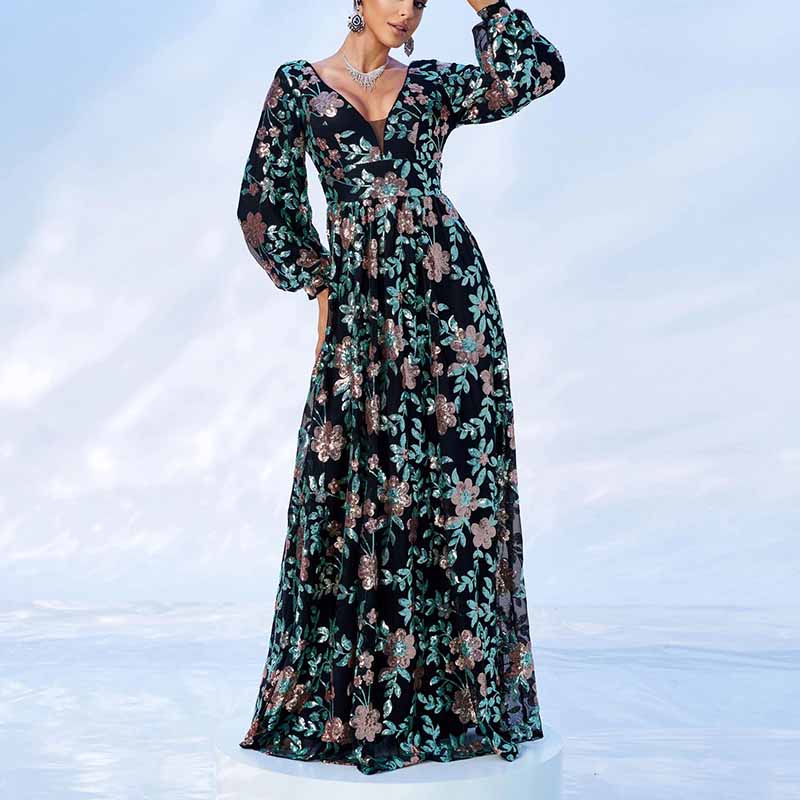 Women's Long Sleeve Sequin Maxi Dress Wedding Guest Dress