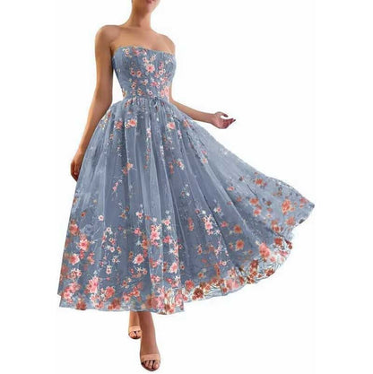 Strapless Flower Tea Length Embroidered Tulle Lace Formal Dress Homecoming Dress