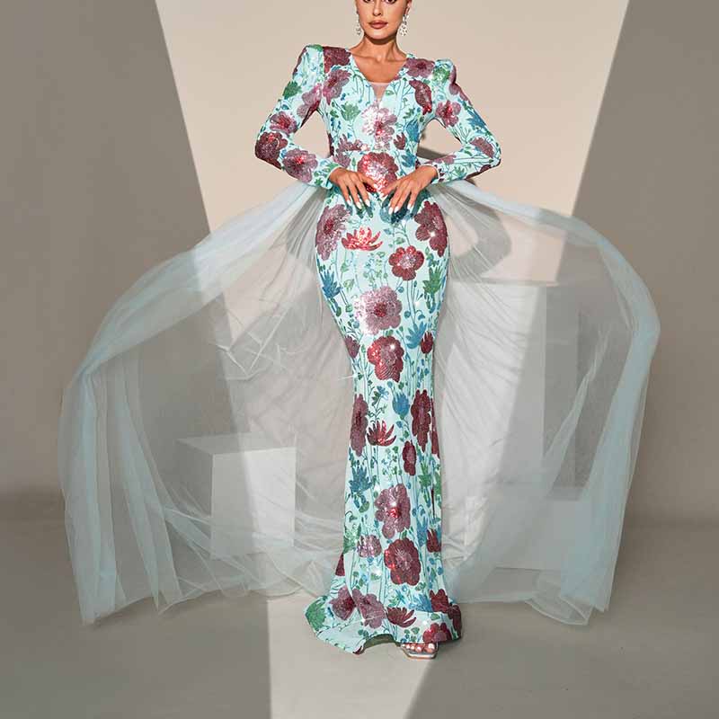 Long Sleeve Turquoise Floral Sequin Prom Dress Event Dress Wedding Guest Dress