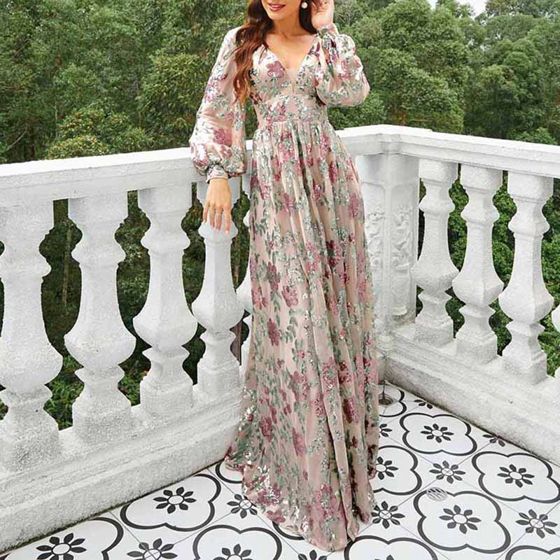 Women's Long Sleeve Sequin Maxi Dress Wedding Guest Dress