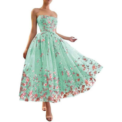 Strapless Flower Tea Length Embroidered Tulle Lace Formal Dress Homecoming Dress