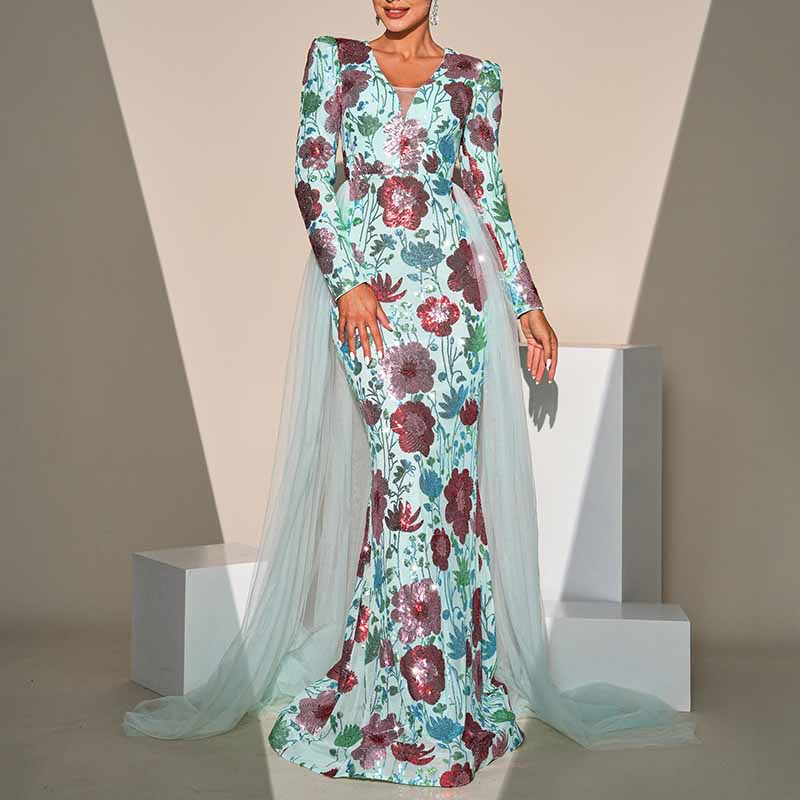 Long Sleeve Turquoise Floral Sequin Prom Dress Event Dress Wedding Guest Dress